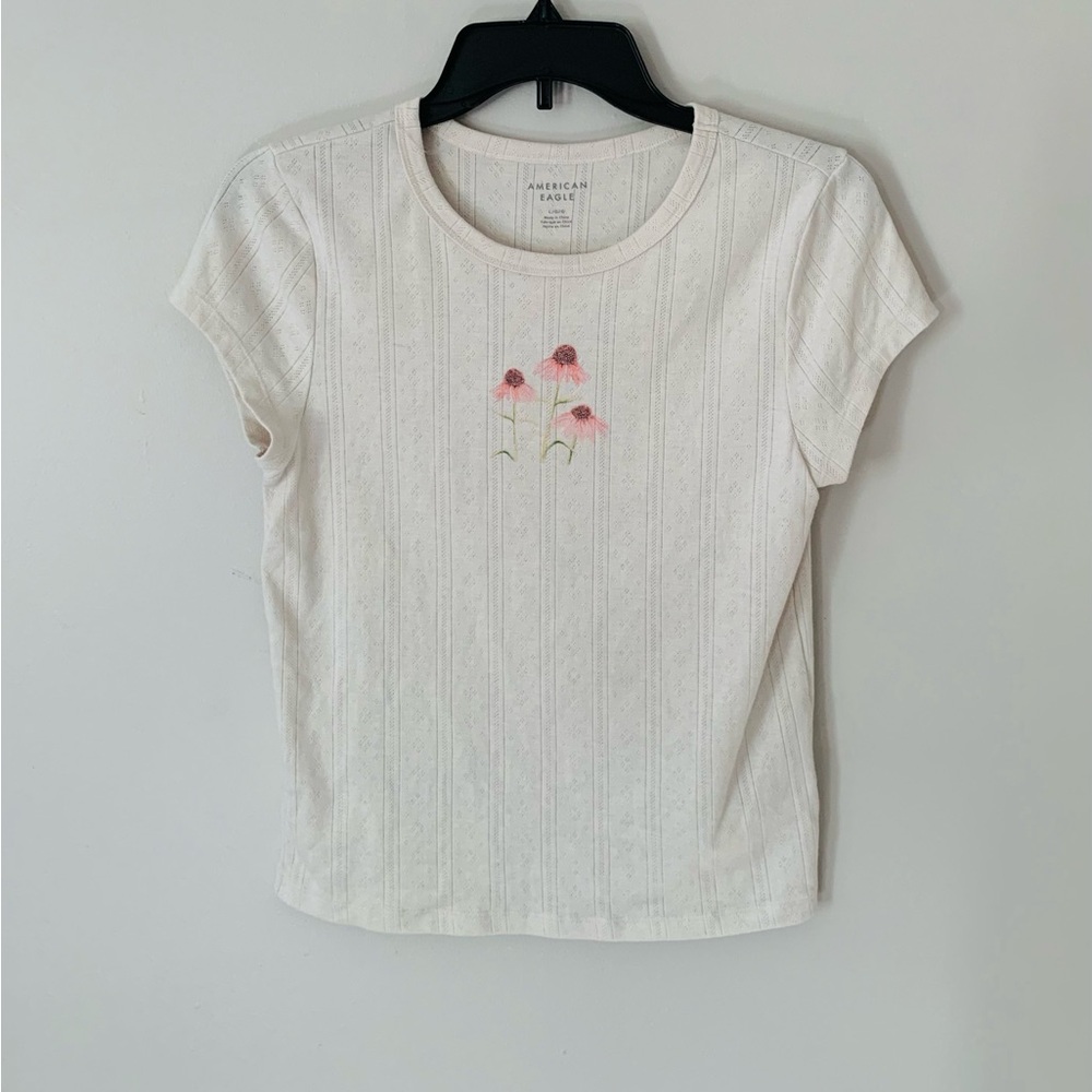 American Eagle Outfitters White Tee with Pink Floral Design